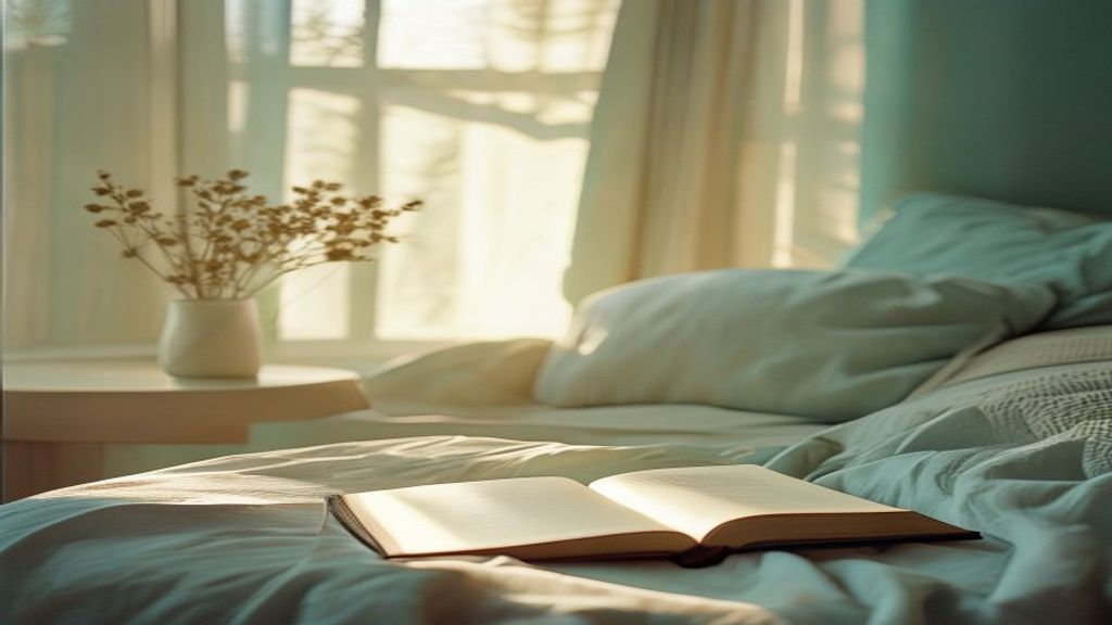 Calm morning workspace with open notebook and warm light filtering through window