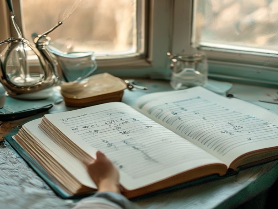 Notebook with daily tracking entries and progress notes spread