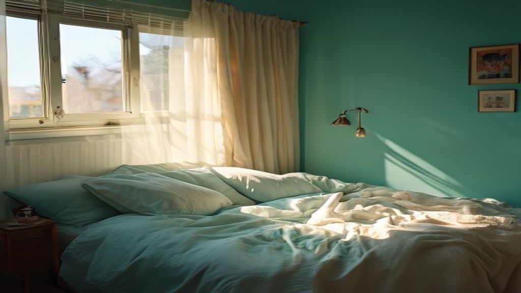 Morning light streaming into calm bedroom with unmade but peaceful bedding